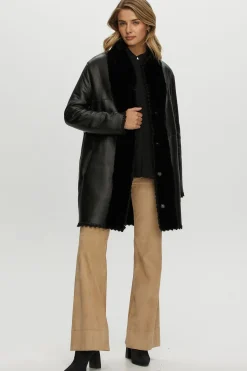REVERSIBLE SHEARLING LAMB JACKET  WITH EMBROIDERD TRIM, BELT