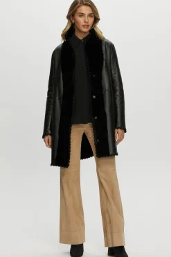 REVERSIBLE SHEARLING LAMB JACKET  WITH EMBROIDERD TRIM, BELT