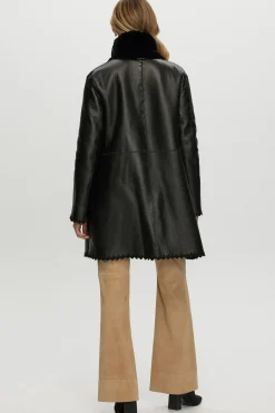 REVERSIBLE SHEARLING LAMB JACKET  WITH EMBROIDERD TRIM, BELT