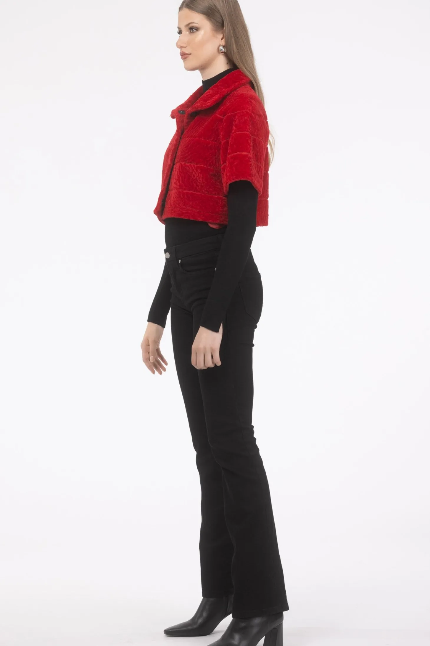 Reversible Textured Shearling Lamb Bolero With Cropped Sleeves