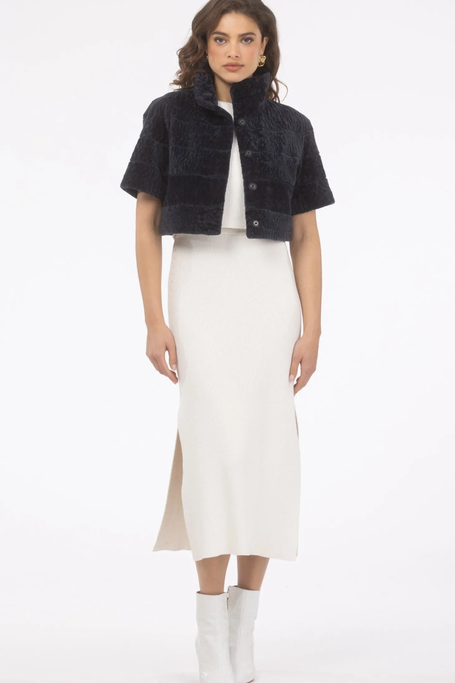 Reversible Textured Shearling Lamb Bolero With Cropped Sleeves