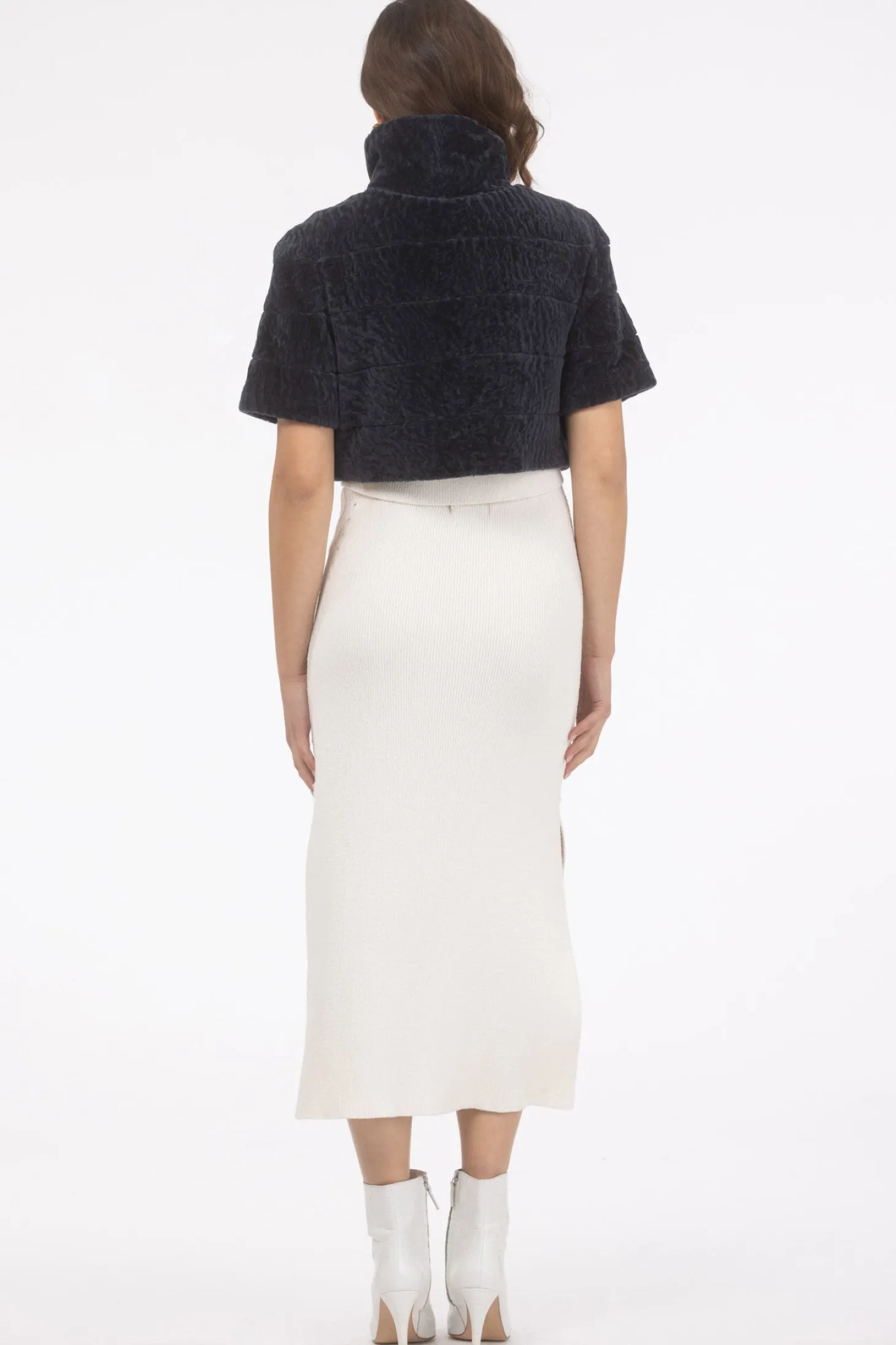 Reversible Textured Shearling Lamb Bolero With Cropped Sleeves