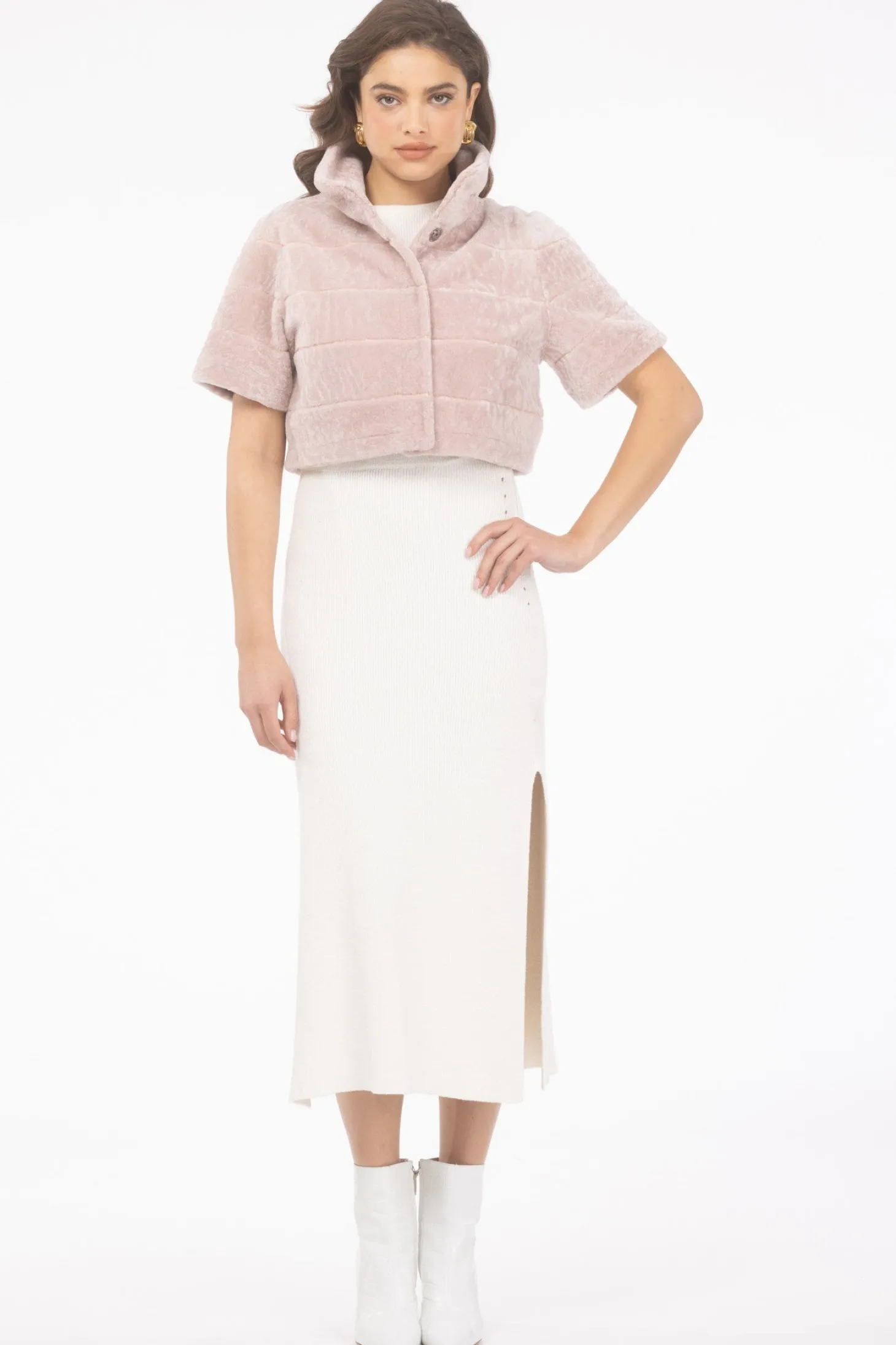 Reversible Textured Shearling Lamb Bolero With Cropped Sleeves