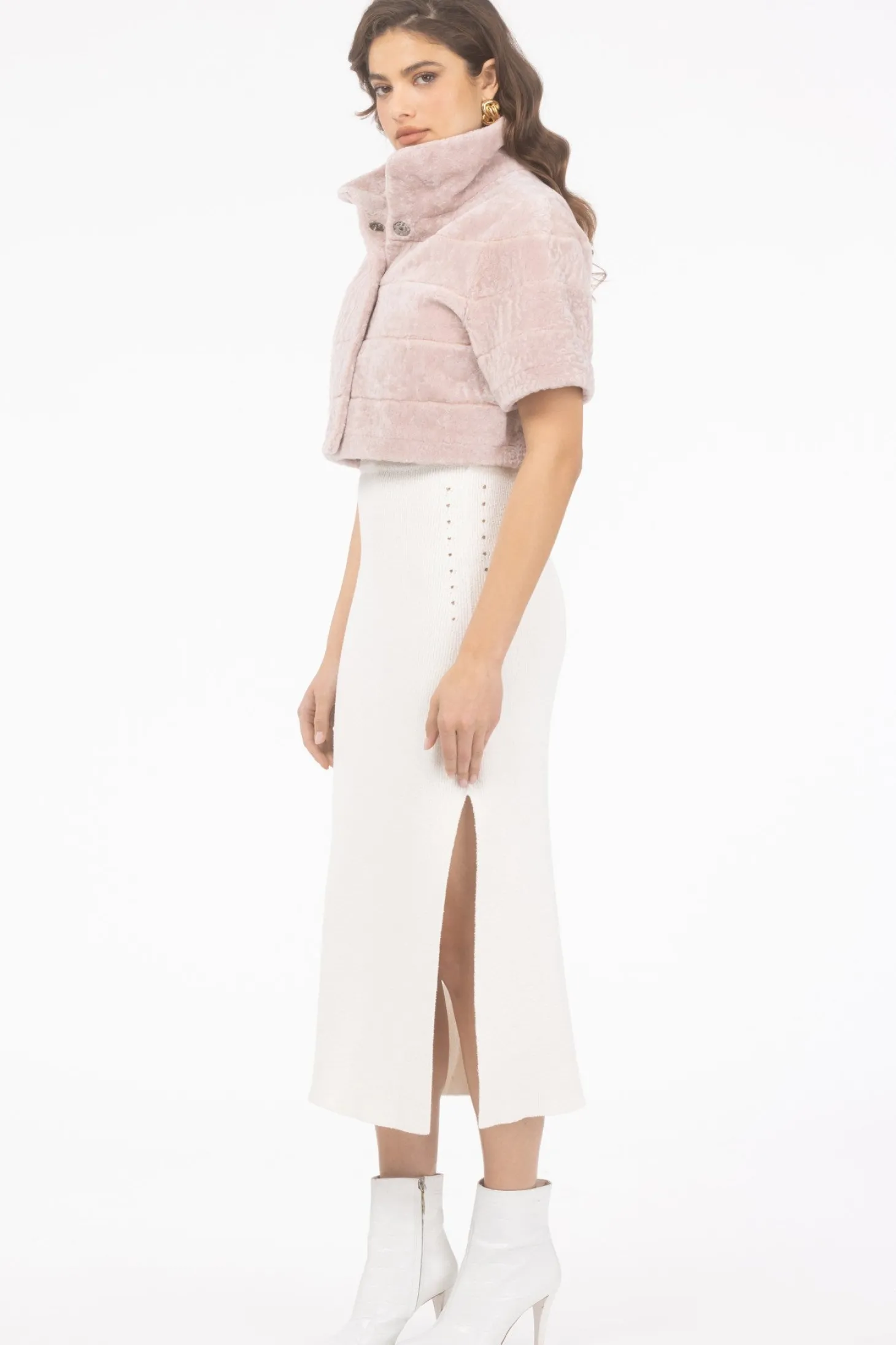 Reversible Textured Shearling Lamb Bolero With Cropped Sleeves