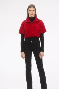 Reversible Textured Shearling Lamb Bolero With Cropped Sleeves