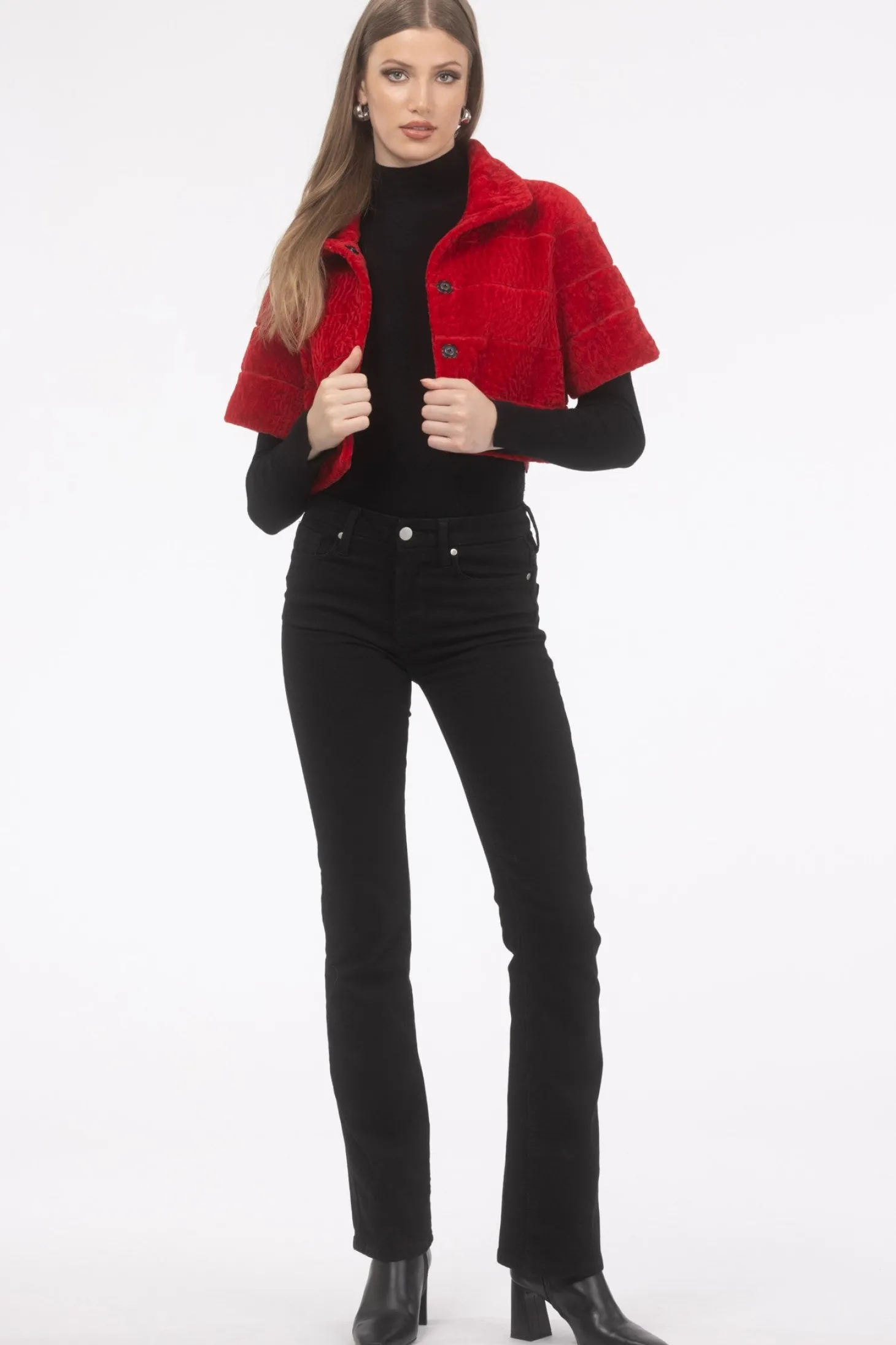 Reversible Textured Shearling Lamb Bolero With Cropped Sleeves