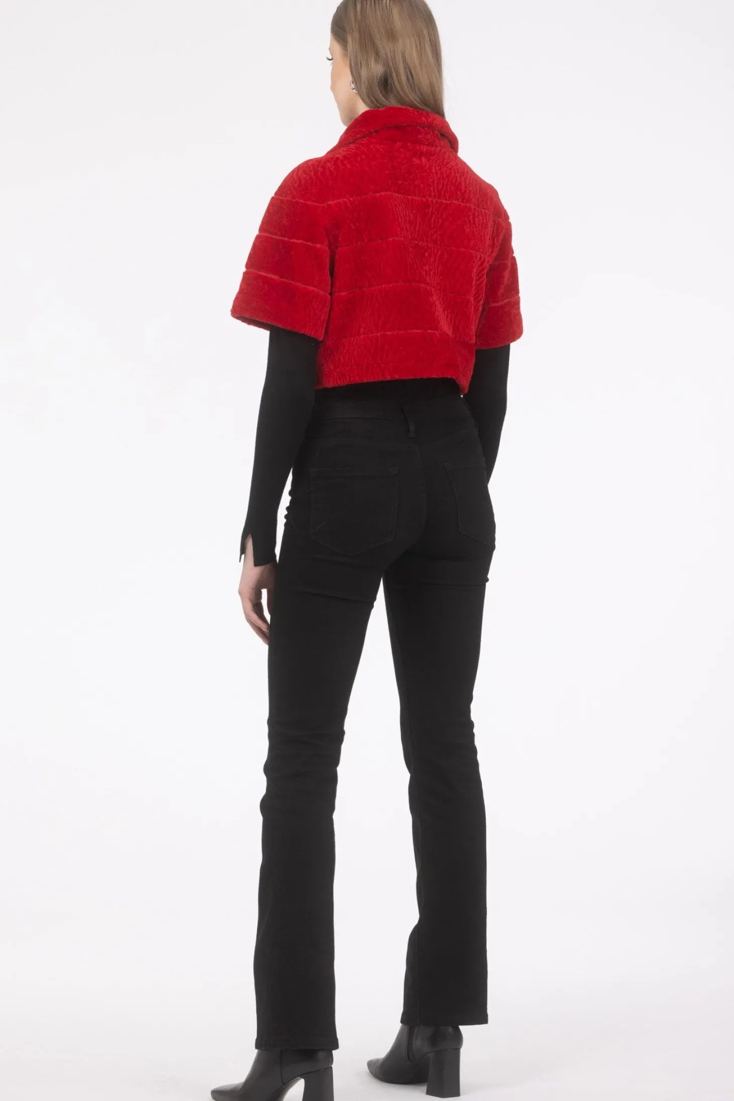 Reversible Textured Shearling Lamb Bolero With Cropped Sleeves