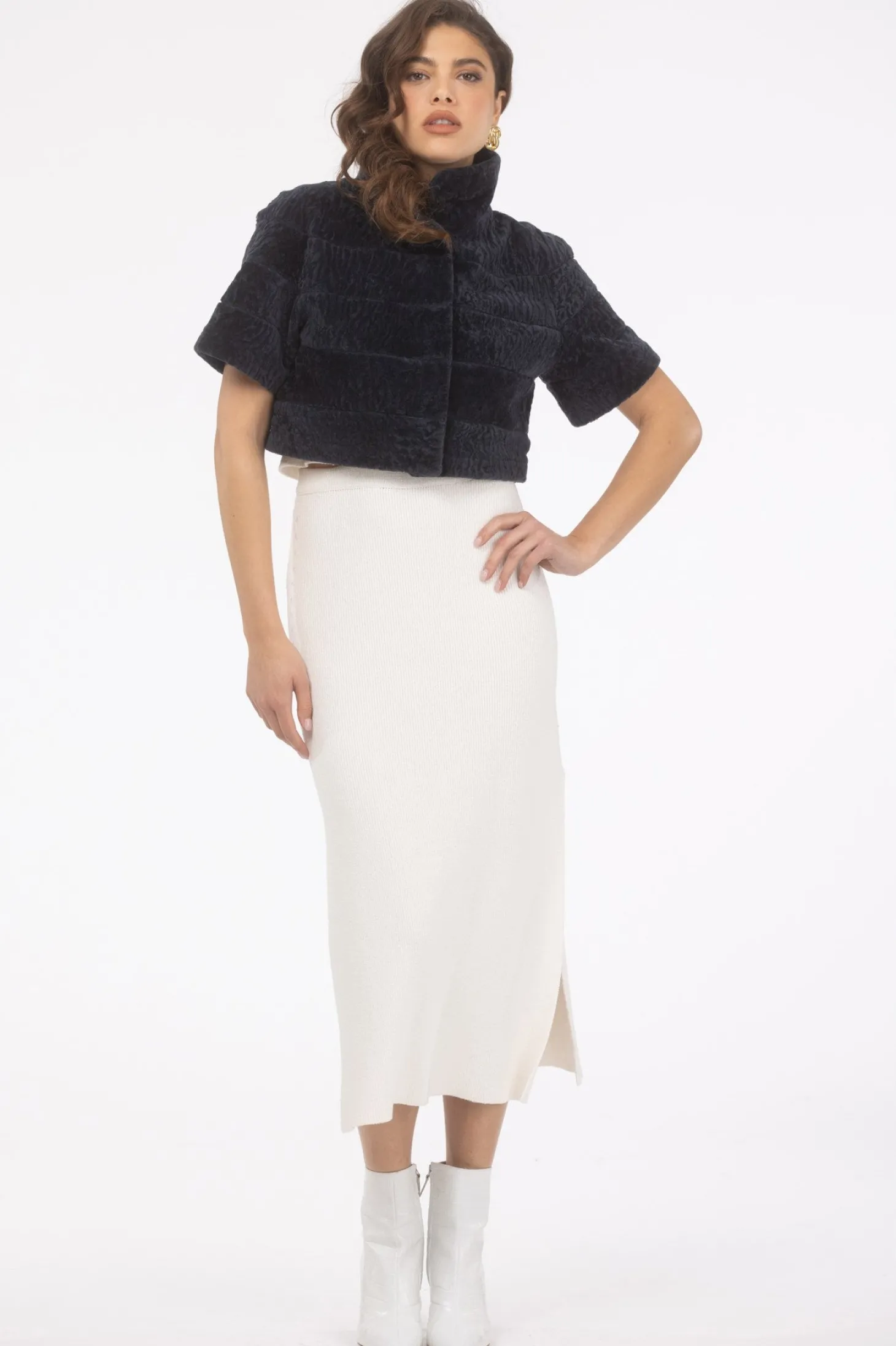 Reversible Textured Shearling Lamb Bolero With Cropped Sleeves