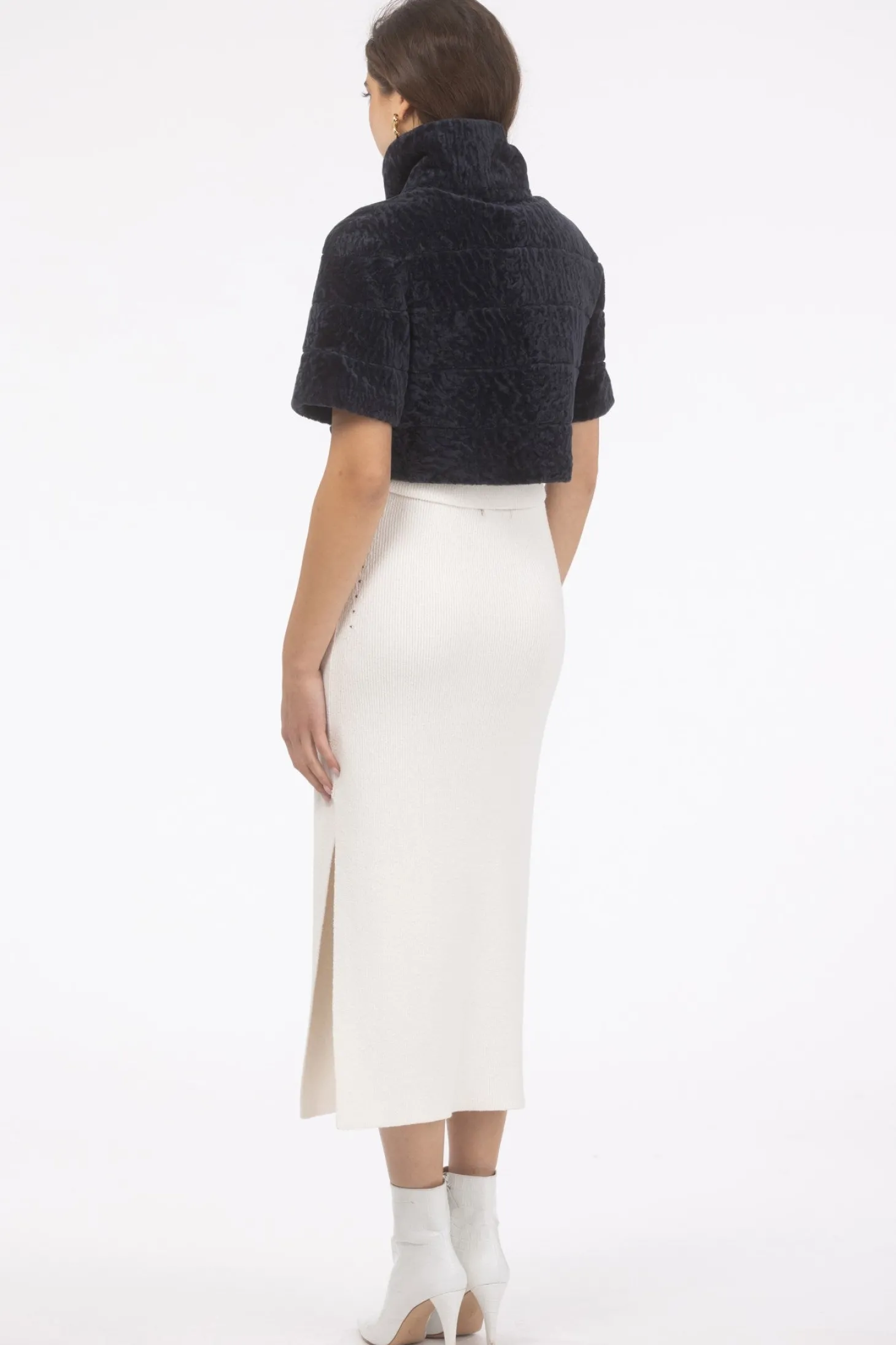 Reversible Textured Shearling Lamb Bolero With Cropped Sleeves