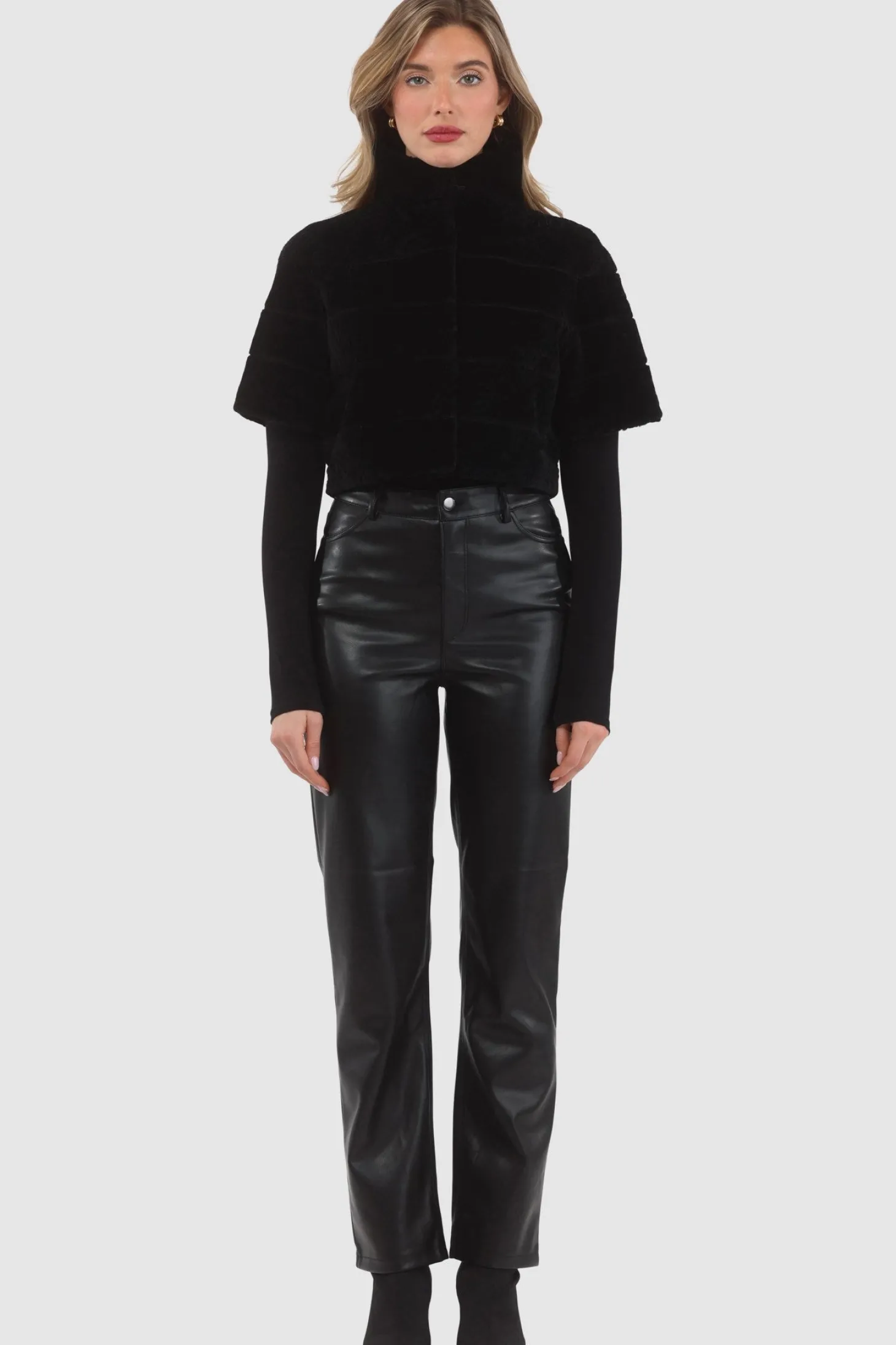 Reversible Textured Shearling Lamb Bolero With Cropped Sleeves