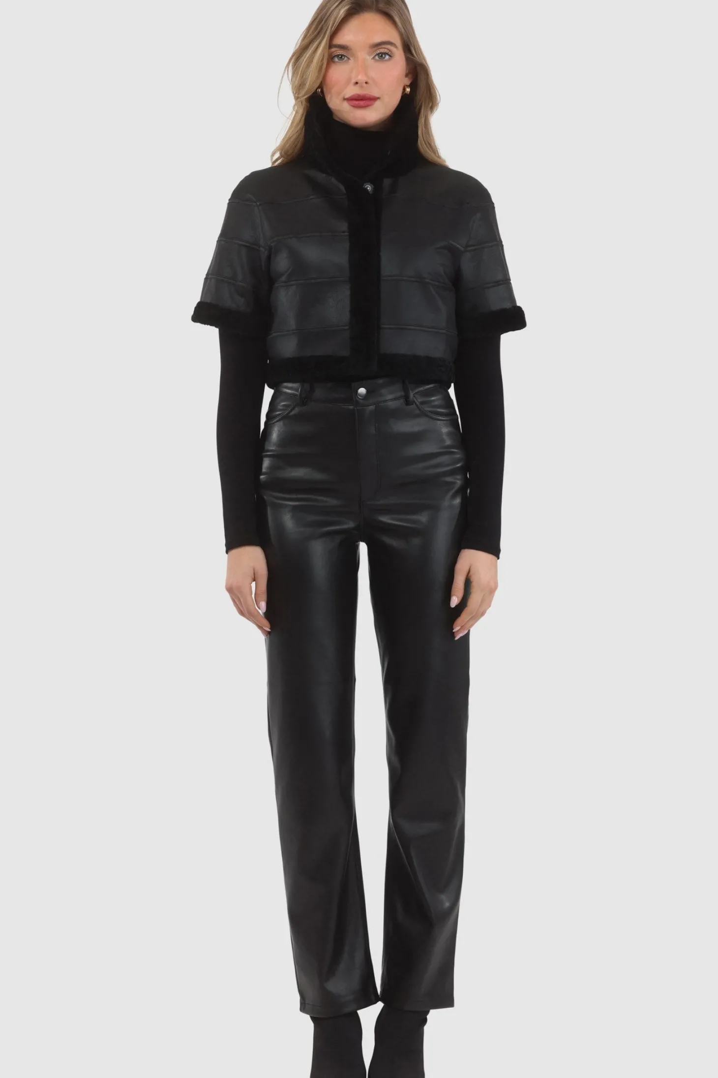 Reversible Textured Shearling Lamb Bolero With Cropped Sleeves