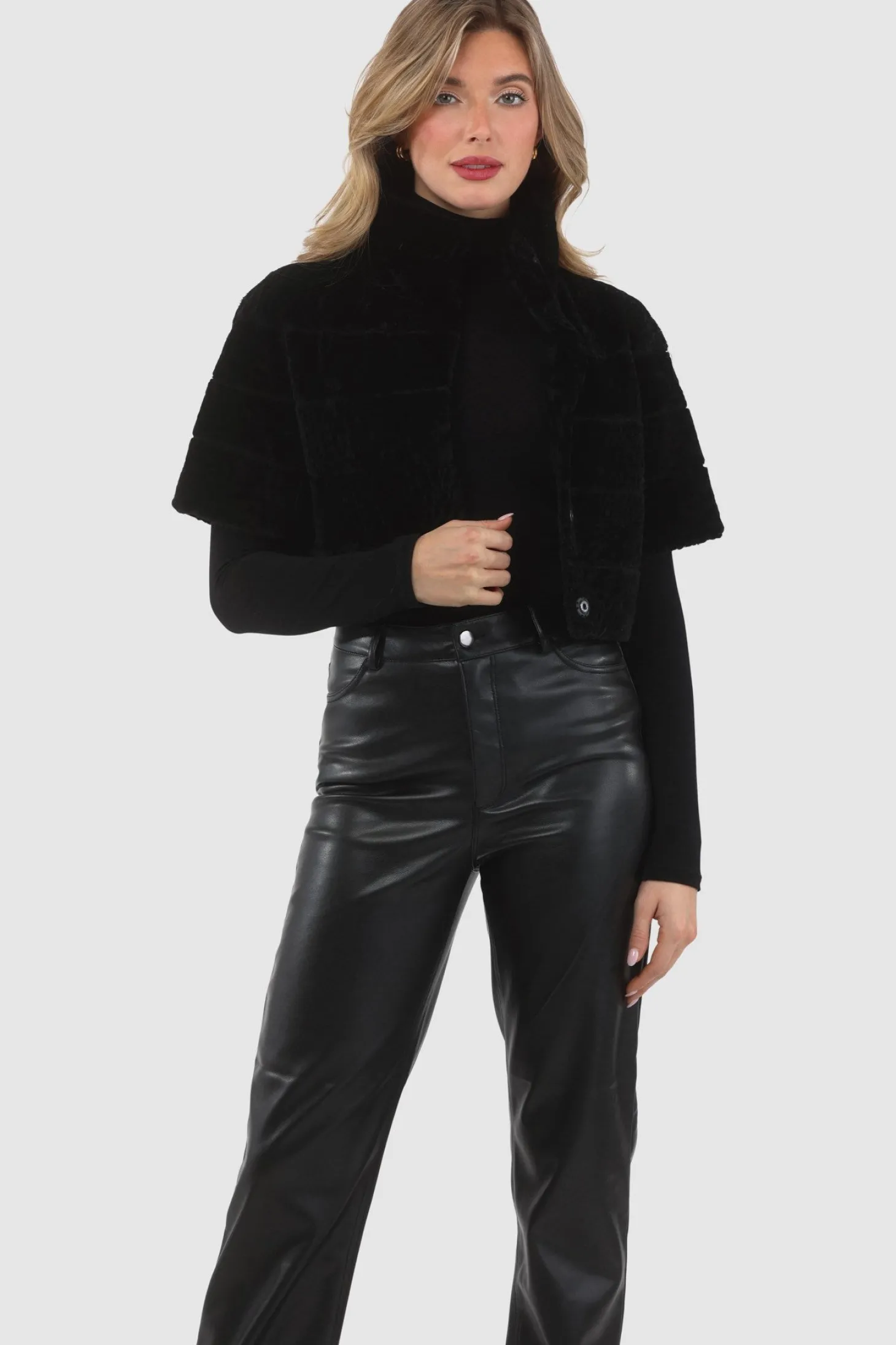 Reversible Textured Shearling Lamb Bolero With Cropped Sleeves