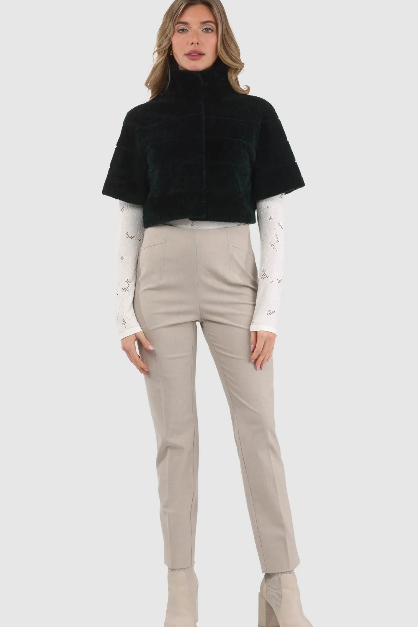 Reversible Textured Shearling Lamb Bolero With Cropped Sleeves