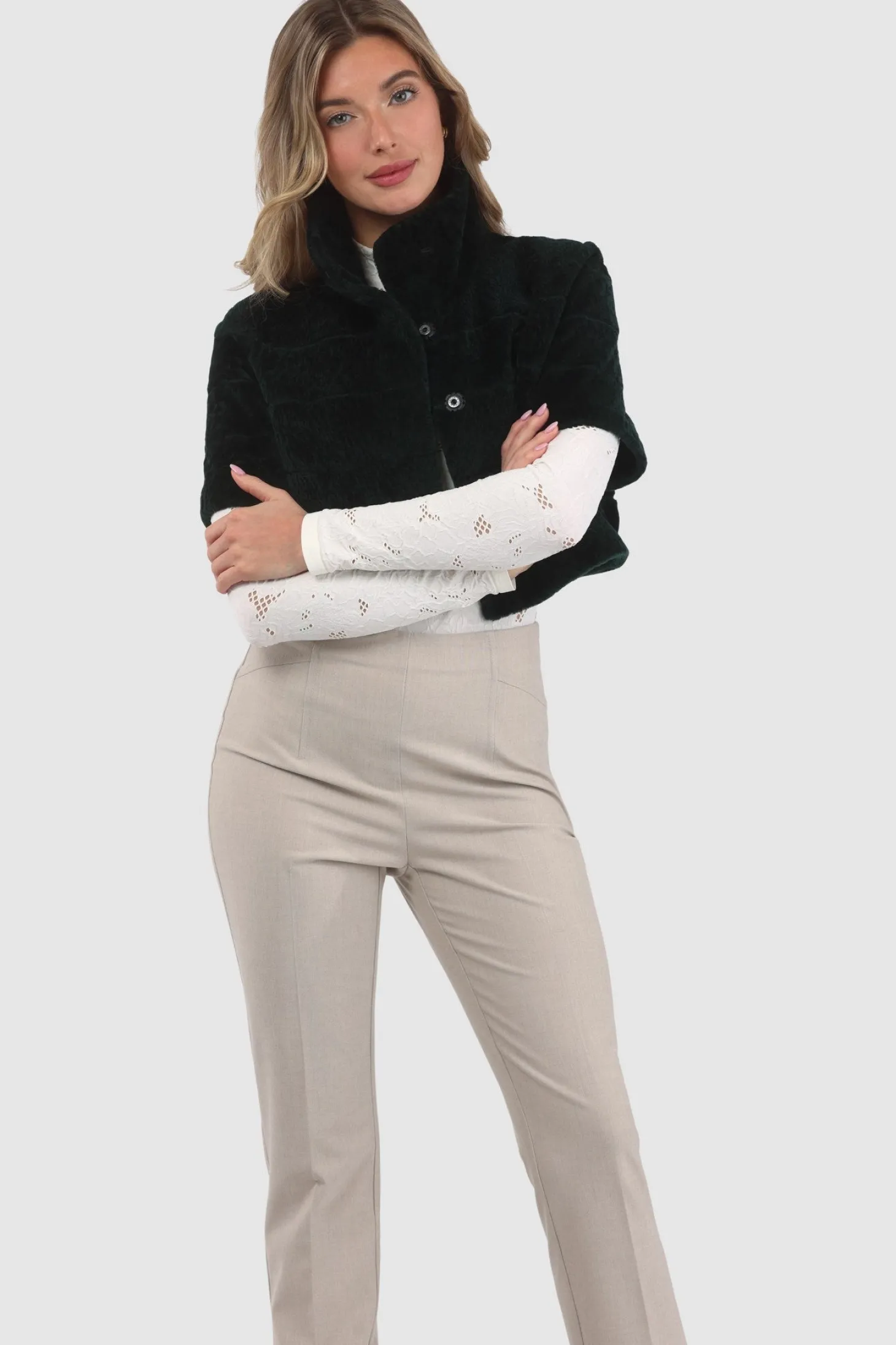 Reversible Textured Shearling Lamb Bolero With Cropped Sleeves