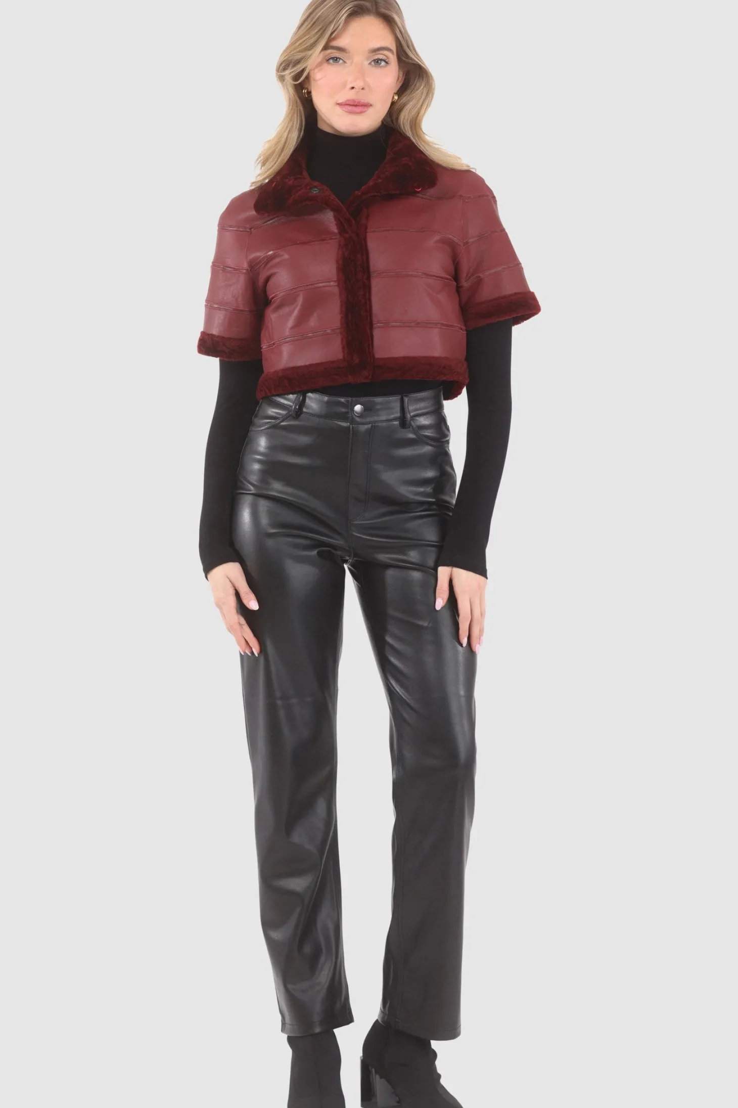 Reversible Textured Shearling Lamb Bolero With Cropped Sleeves