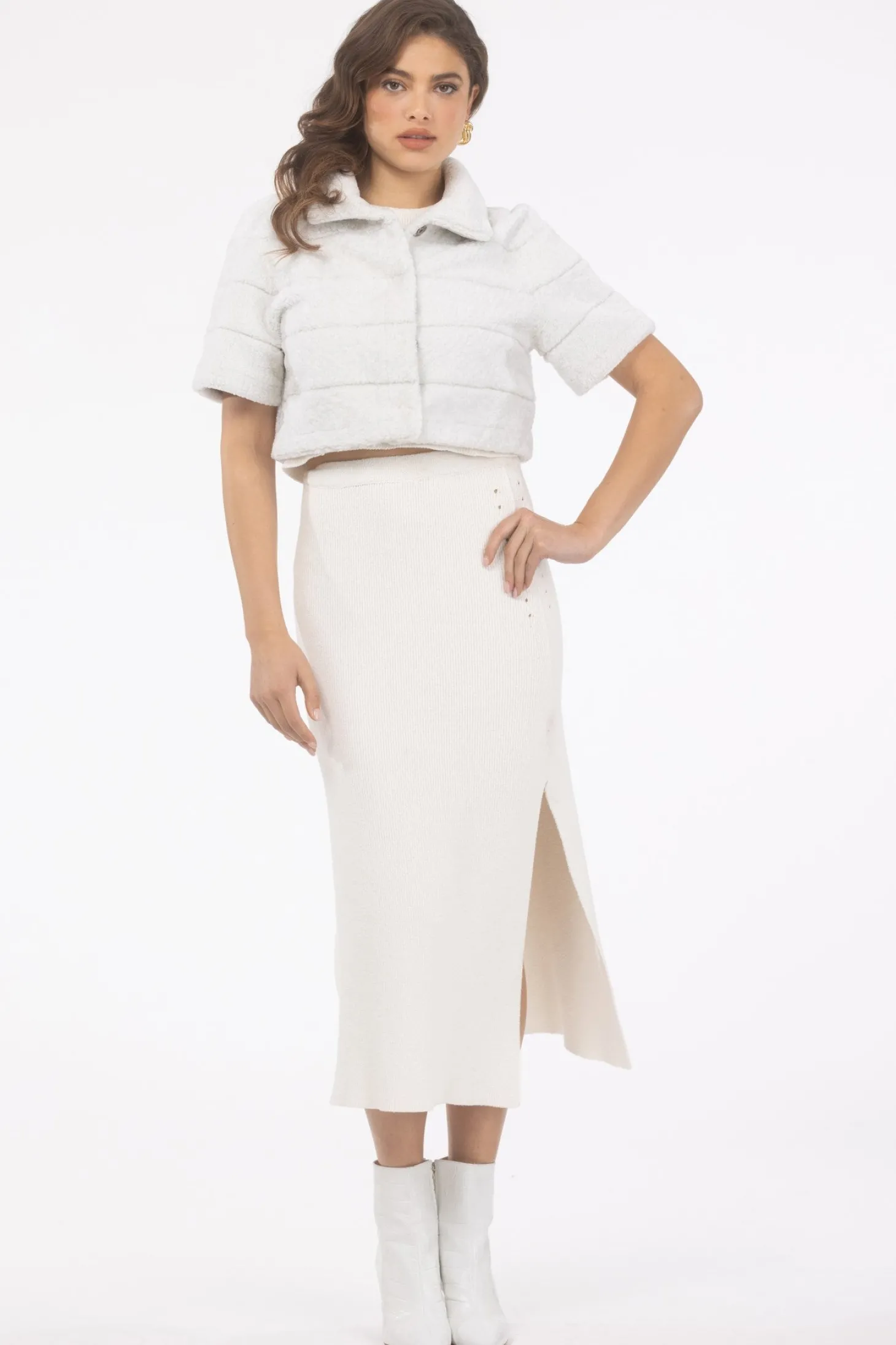 Reversible Textured Shearling Lamb Bolero With Cropped Sleeves