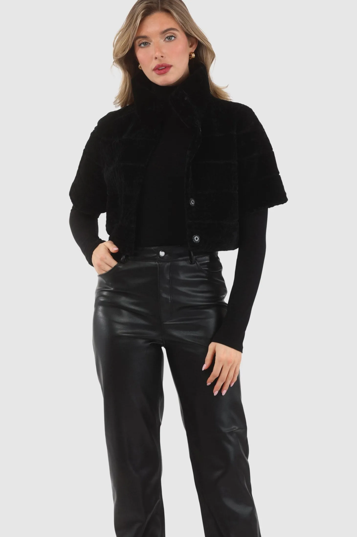 Reversible Textured Shearling Lamb Bolero With Cropped Sleeves