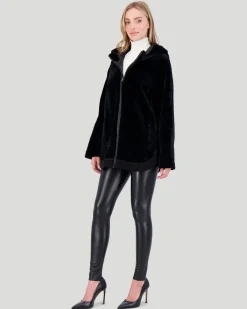 Reversible Textured Shearling Lamb Zip Parka With Ribbed Hem