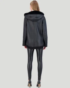 Reversible Textured Shearling Lamb Zip Parka With Ribbed Hem