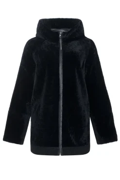 Reversible Textured Shearling Lamb Zip Parka With Ribbed Hem