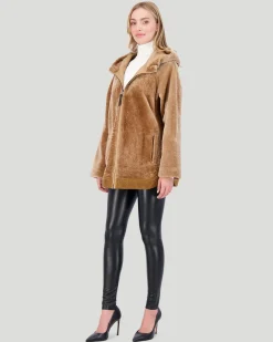 Reversible Textured Shearling Lamb Zip Parka With Ribbed Hem