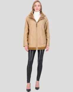 Reversible Textured Shearling Lamb Zip Parka With Ribbed Hem