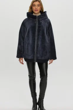 Reversible Textured Shearling Lamb Zip Parka With Ribbed Hem