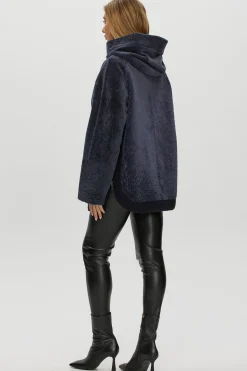 Reversible Textured Shearling Lamb Zip Parka With Ribbed Hem