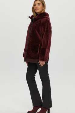 Reversible Textured Shearling Lamb Zip Parka With Ribbed Hem
