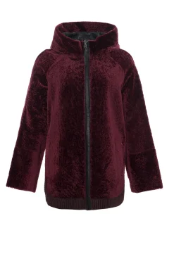 Reversible Textured Shearling Lamb Zip Parka With Ribbed Hem