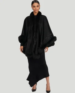 Select Cashmere & Wool Cape With Toscana Shearling Lamb Trim And Ribbon Embroidery