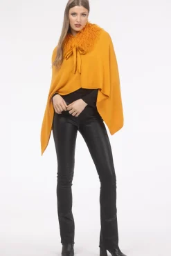 Select Cashmere And Merino Wool Blend Poncho With Select Mongolian Lamb Collar