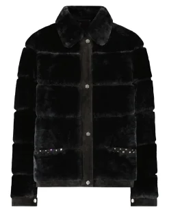 Select Shearling Lamb Bomber Jacket With Embellishment