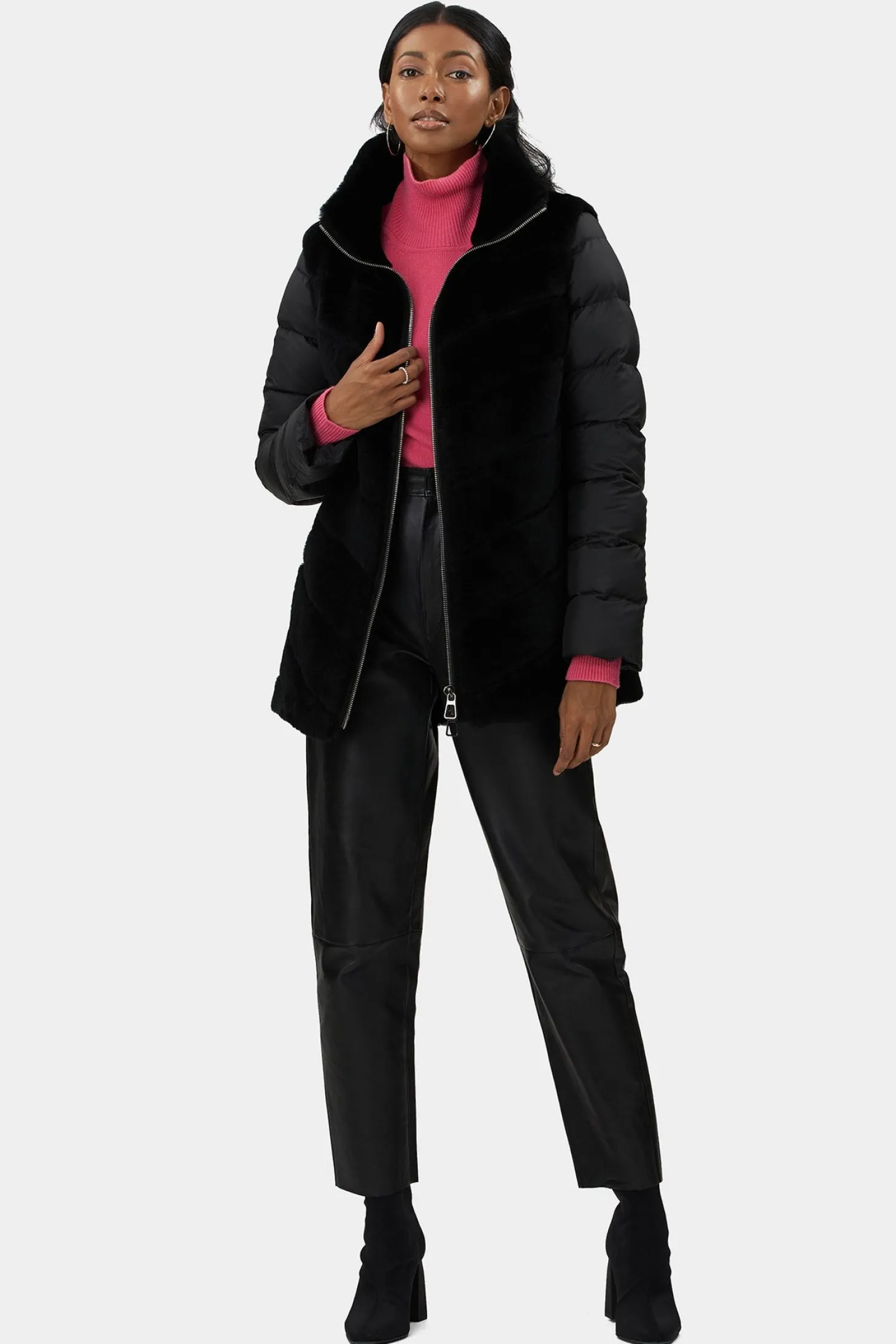 Select Shearling Lamb Chevron Jacket With Detachable Horizontal Quilted Sleeves