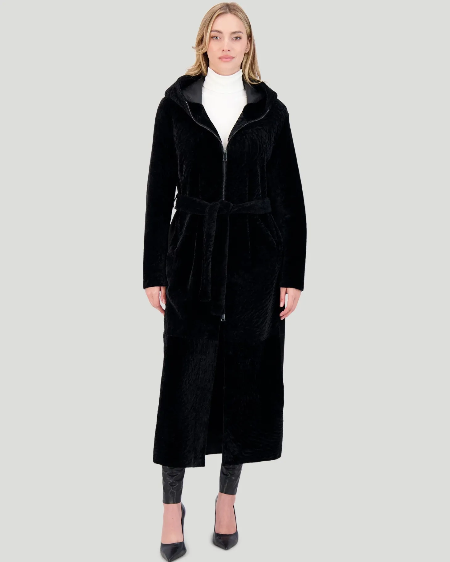 Select Shearling Lamb Zip Parka With Belt