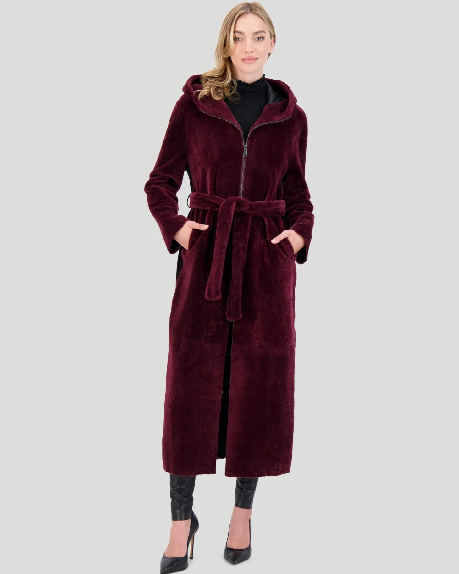 Select Shearling Lamb Zip Parka With Belt