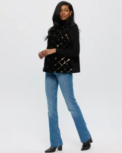 SHEARED CASHMERE GOAT COLLARLESS VEST WITH LEATHER INSERTS AND CASHMERE BACK