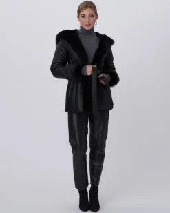 Shearling Lamb Hooded Jacket With Toscana Trim And Cuffs, Belt