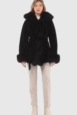 Textured Shearling Lamb Reversible Parka With Merinillo Shearling Lamb Hood Trim, Tuxedo, Cuffs & Belt