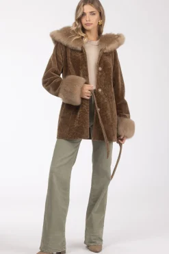 Textured Shearling Lamb Reversible Parka With Merinillo Shearling Lamb Hood Trim & Cuffs, Belt