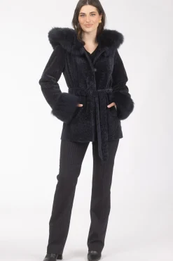 Textured Shearling Lamb Reversible Parka With Merinillo Shearling Lamb Hood Trim & Cuffs, Belt