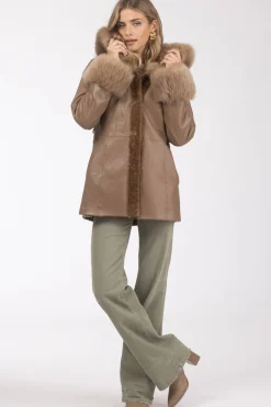 Textured Shearling Lamb Reversible Parka With Merinillo Shearling Lamb Hood Trim & Cuffs, Belt