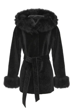 Textured Shearling Lamb Reversible Parka With Merinillo Shearling Lamb Hood Trim & Cuffs, Belt
