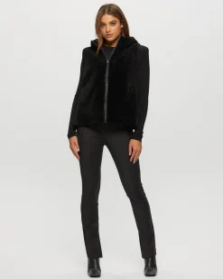 Textured Shearling Lamb Zip Vest Hooded Reversible To Taffeta