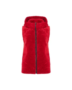Textured Shearling Lamb Zip Vest Hooded Reversible To Taffeta