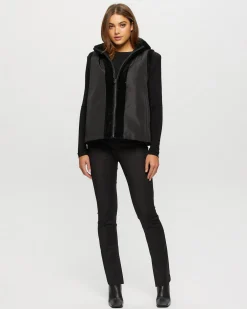Textured Shearling Lamb Zip Vest Hooded Reversible To Taffeta