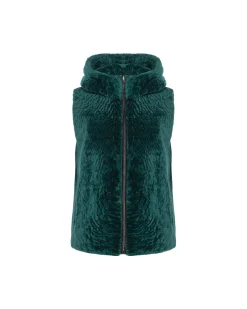 Textured Shearling Lamb Zip Vest Hooded Reversible To Taffeta
