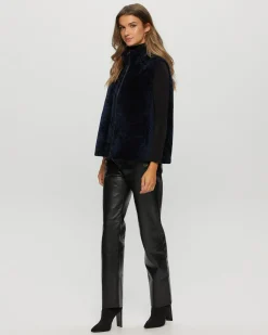 Textured Shearling Lamb Zip Vest Hooded Reversible To Taffeta