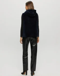 Textured Shearling Lamb Zip Vest Hooded Reversible To Taffeta