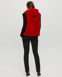 Textured Shearling Lamb Zip Vest Hooded Reversible To Taffeta